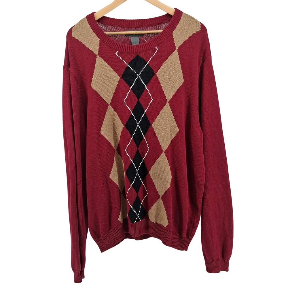 Saddlebred Mens Sweater Sz L Red Argyle‎ Knit Pullover 100% Cotton Golf Preppy
